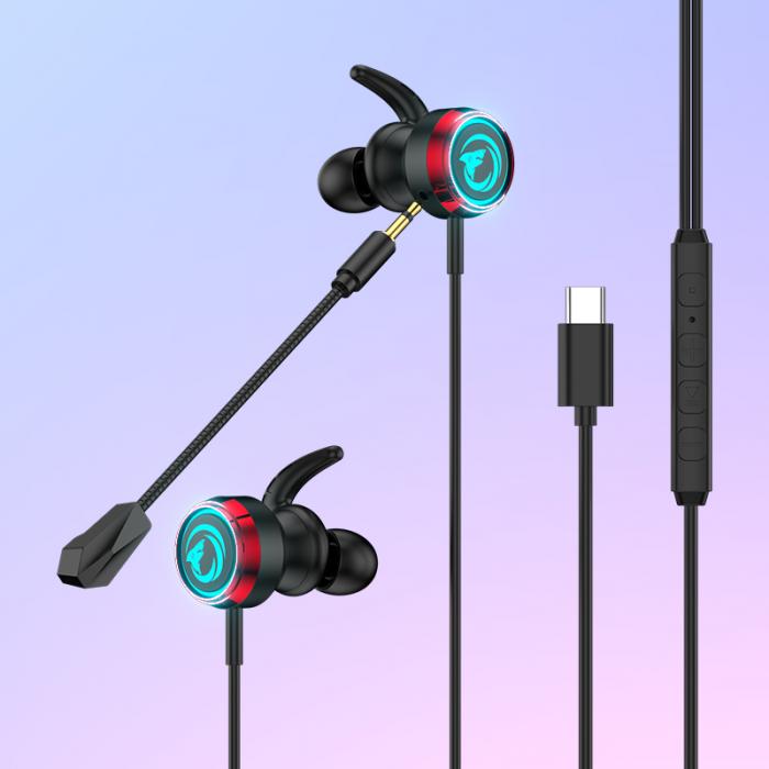 Unique RGB Flash Light Type C Plug Mobile Gaming Earphone Dual Microphone Wired Headphones