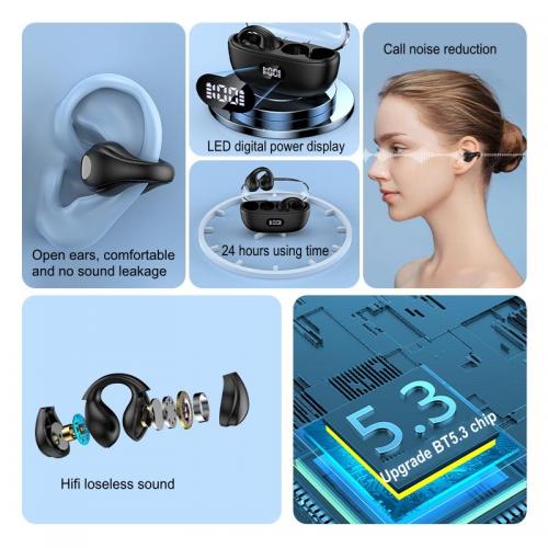 Hot-selling LED digital power display type c tws earphone ear clip button control wireless earbuds