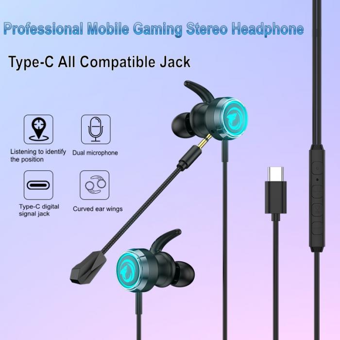 Unique RGB Flash Light Type C Plug Mobile Gaming Earphone Dual Microphone Wired Headphones