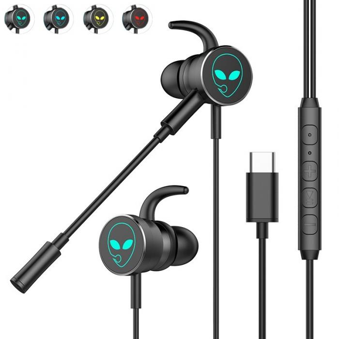 Stereo mobile gaming wired earphone dual microphone metal shell RGB flash light headset