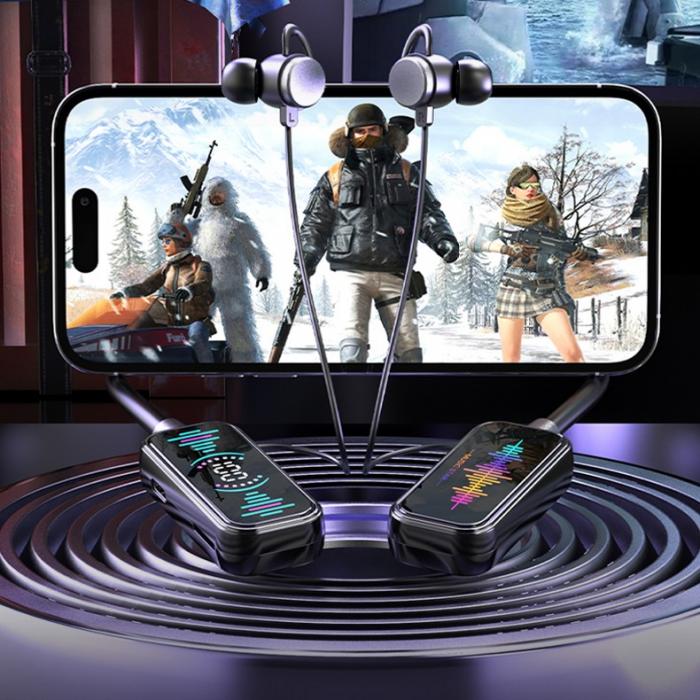 Super Long Standby Headset with RGB Flash Light LED Power Display Wireless Bluetooth Neck Hanging Headphone with Ear Back