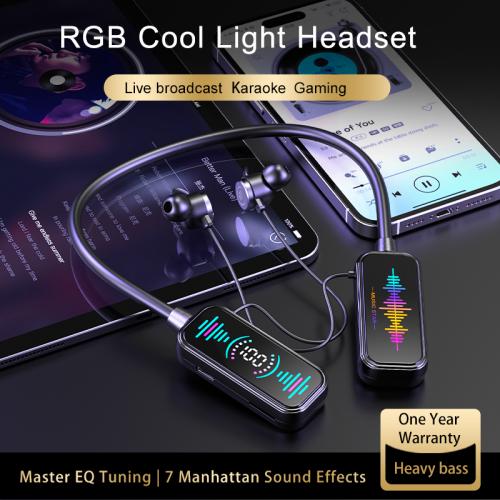 Super Long Standby Headset with RGB Flash Light LED Power Display Wireless Bluetooth Neck Hanging Headphone with Ear Back