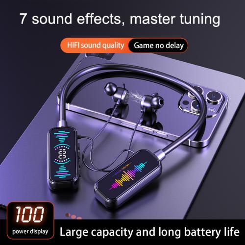 Super Long Standby Headset with RGB Flash Light LED Power Display Wireless Bluetooth Neck Hanging Headphone with Ear Back